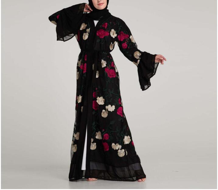 Muslim Embroidery Floral Abaya Long Dresses Flare Sleeve Cardigan Kimono Long Robe Tunic Middle East Ramadan Arab
