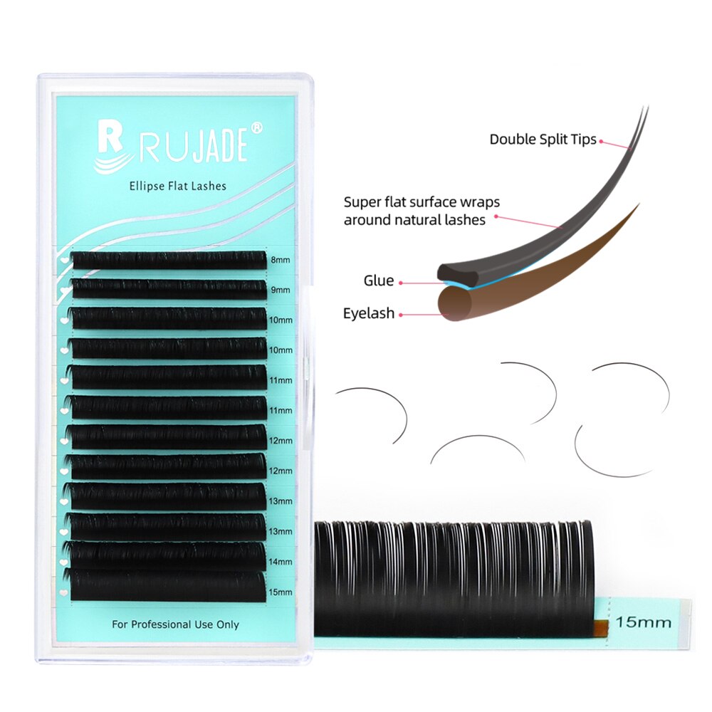 Rujade Mix8-15mm Individuele Platte Ellips Wimper Extension Dark Matte Black Split-Tips Ellipsvorm Platte Valse Wimpers