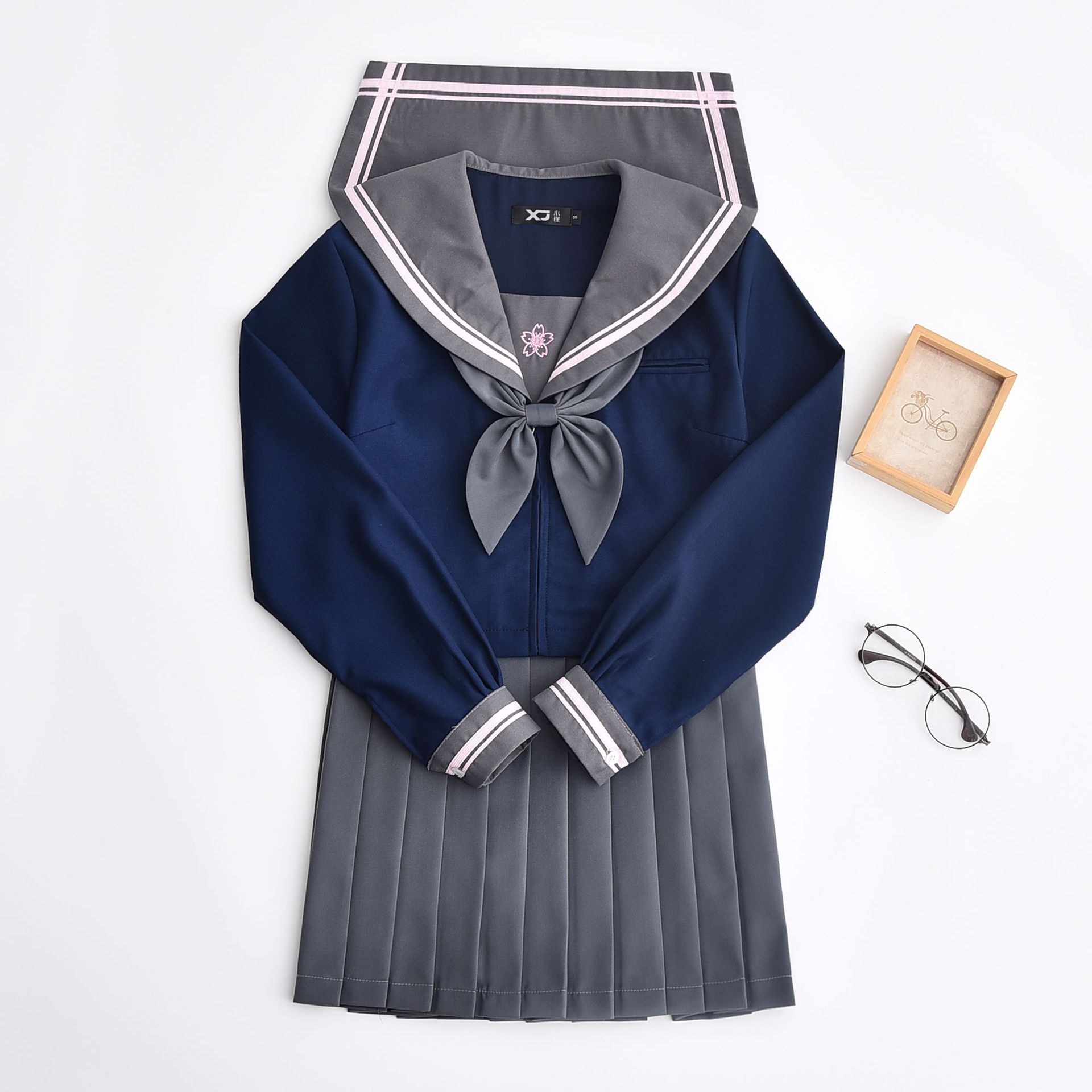 Japanese School Uniform Tibetan Blue Cherry Blossom Embroidered Long Sleeve Suit