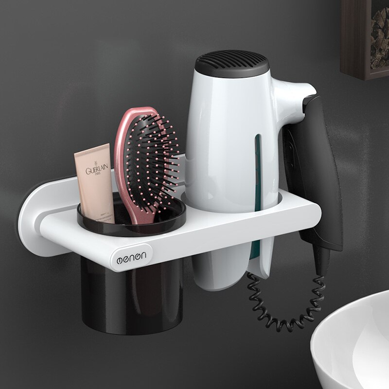 UNTIOR Plastic Föhn Houder met Storage Cup Wall Mount Föhn Plank Opslag Nail Gratis Slaapkamer Badkamer Accessoires Set: White1