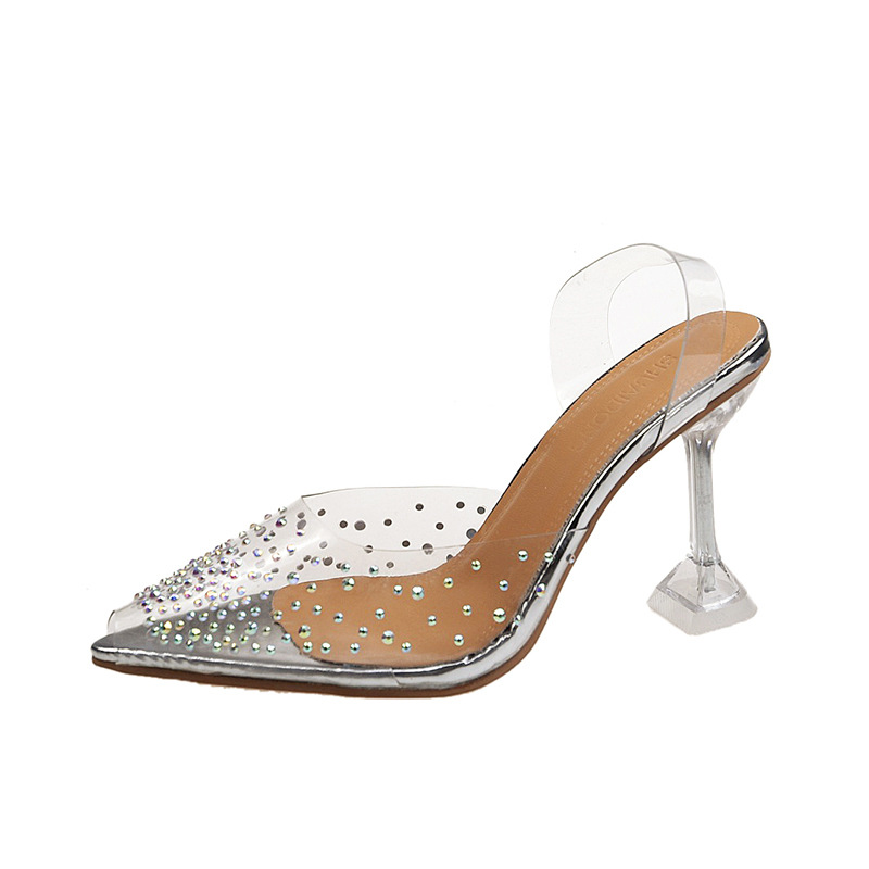 Transparent krystal bryllupsfest sko til kvinder høje hæle sandaler tynde hæle slingback pumps dame sko efterår kvinder sko: 9 cm sølv / 35