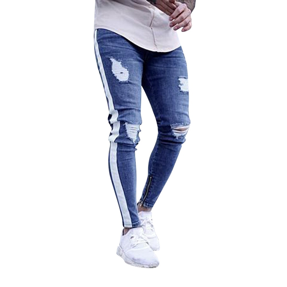 Crayon Longue Pantalon Hommes de Jeans Déchirés Stretch Pantalon En Denim En Détresse Déchiré Freyed Cintrée Fermeture Éclair Jeans Pantalon: B / S