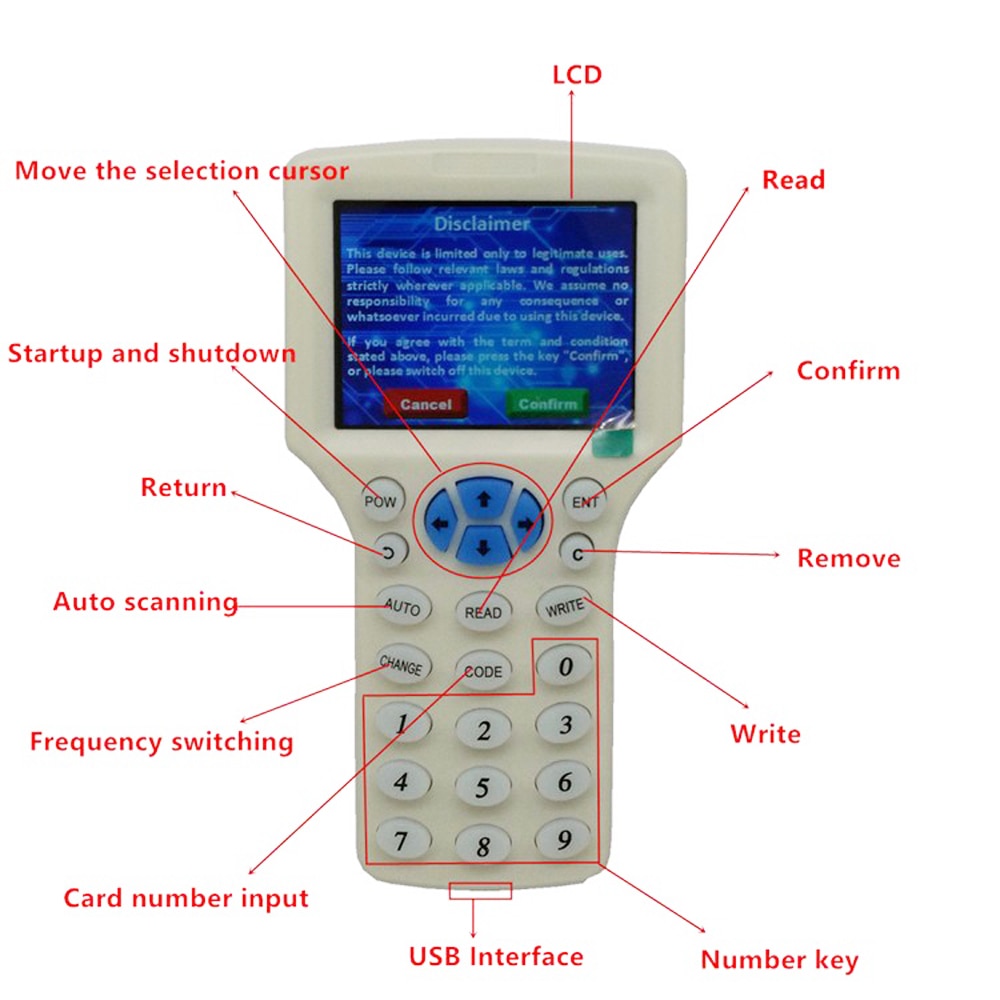 RFID Reader Writer Copier Duplicator IC/ID 10 Frequency With USB Cable English Language For 125Khz 13.56Mhz Cards LCD Screen