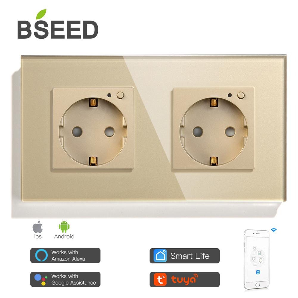 BSEED Single WIFI Power EU Sockets Double Smart Google Alexa Wall Sockets 16A Triple Glass Crystal App Sockets On/Off Switches: Double Socket Golden