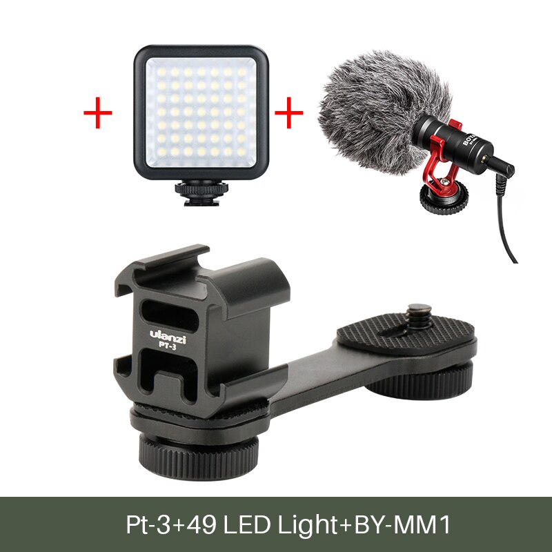 Ulanzi PT-3 Gimbal Accessories Triple Cold Shoe Mounts Plate Microphone Led Video Light Extension Bracket Microphone Stand: PT-03 w LED BY-MM1