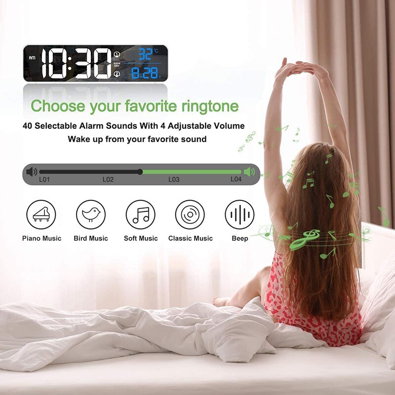 MICLOCK Wireless 10.4 inch Alarm Clock Rechargeable Large LED Wall Digital Clocks 40 Ringtones Sound-Activated Date Temp Display