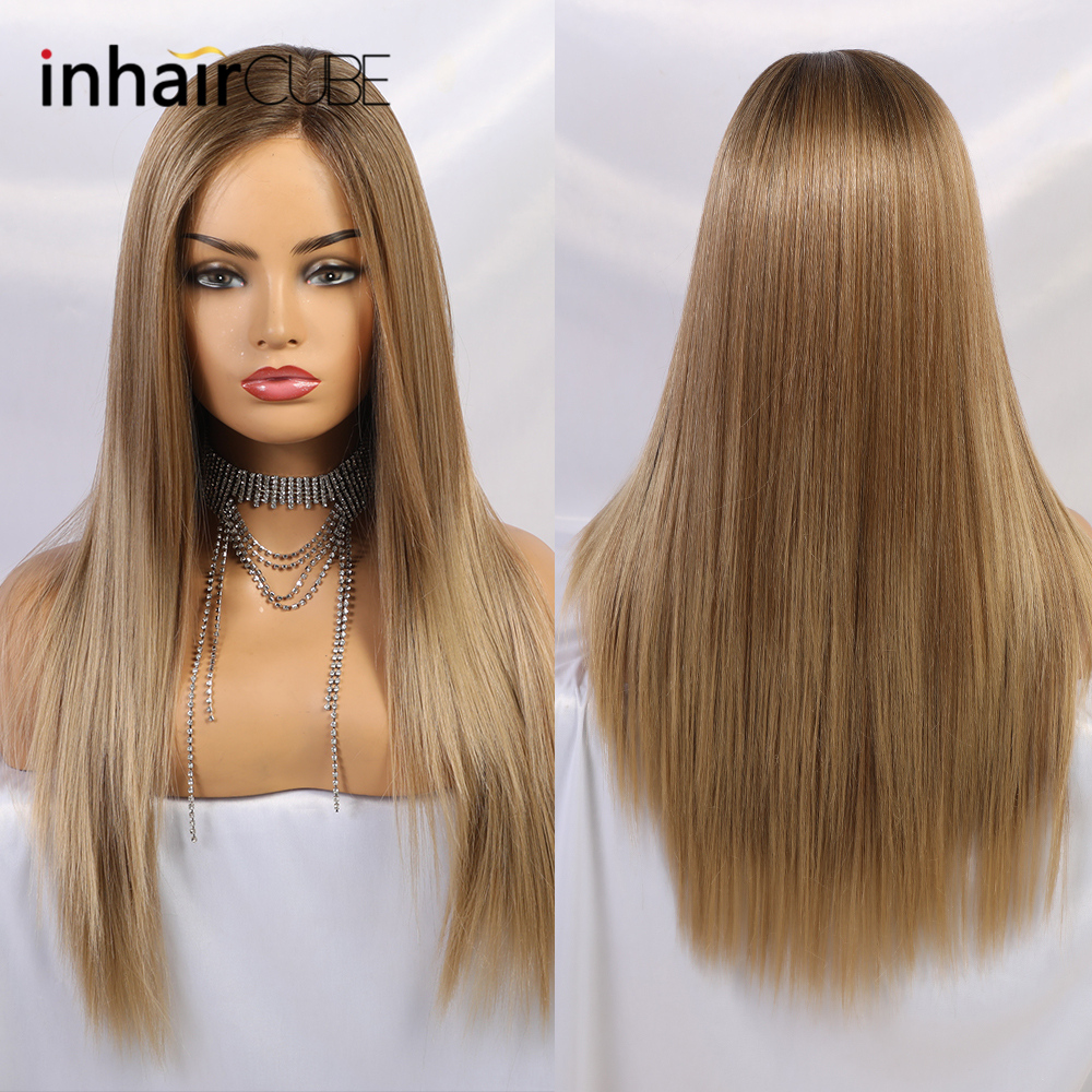 Pelucas de encaje frontal sintético Inhaircube con reflejos de 20 pulgadas, pelo liso Natural largo marrón para mujeres afroamericanas