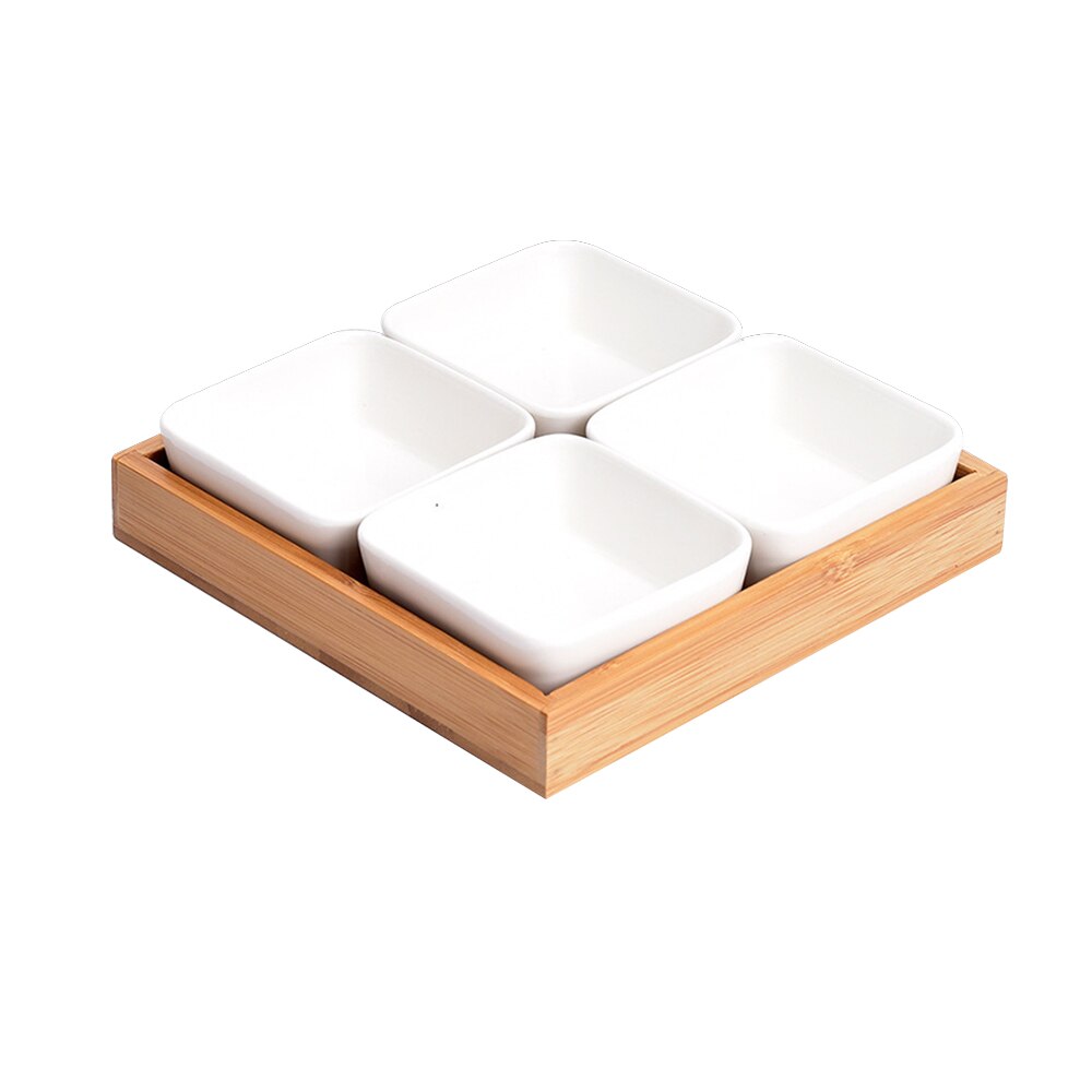Ceramic Grid Fruit Snack Plate Serving Platter Japanese Small Dish with Tray Japanese-Style Ceramic Bamboo Fruit Nuts Plate: 4 grids