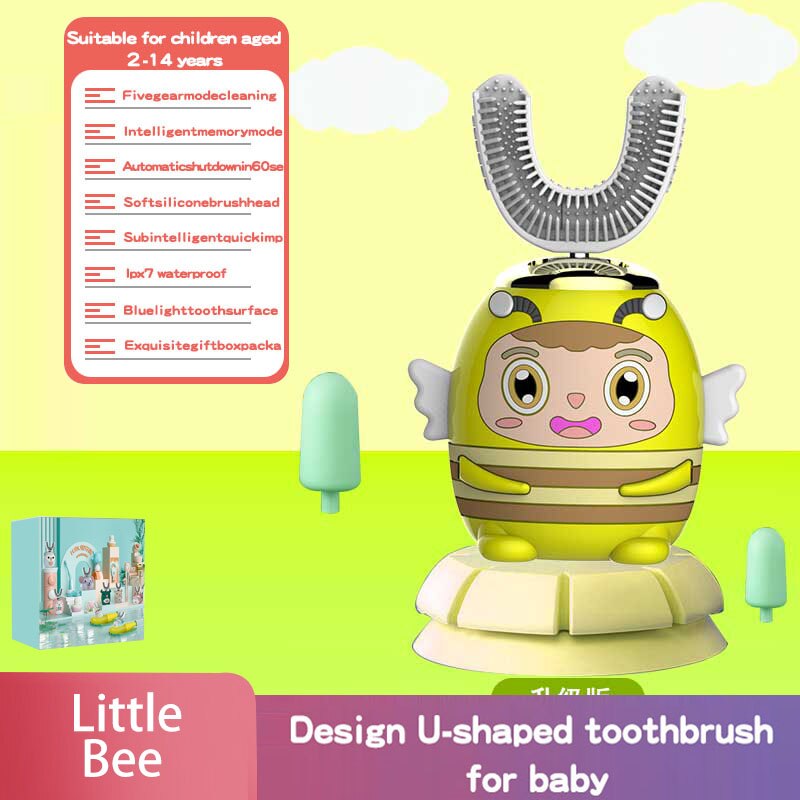 Intelligente 360-Graden Elektrische U-Vormige Tandenborstels Voor Kinderen Bevatten Automatische Ultrasone Tanden Ceaning En Whitening Auto: Yellow bee