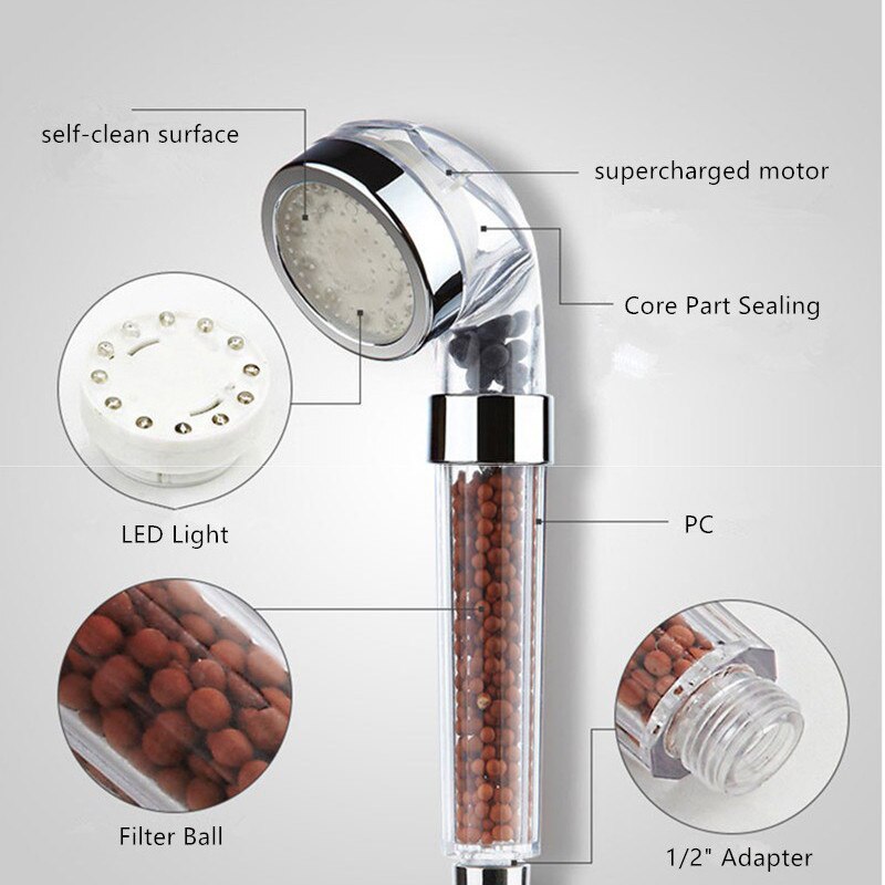 Regadera con luz LED para cabezal de ducha de baño, Boquilla pequeña, Control de temperatura, luz de Color, terapia de aniones, cabezal de ducha de baño y baño