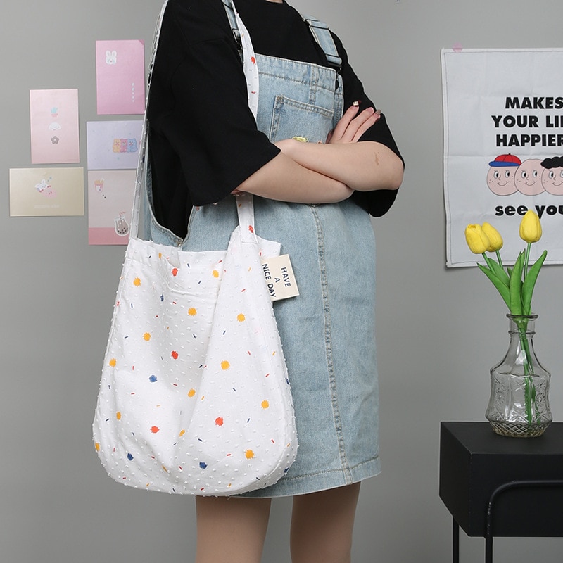 Polka Dots Women Canvas Bag Colorful Print Shoulder Bags Large Capacity Plush Dot Cloth Messenger Bags Shoulder Bag For Ladies