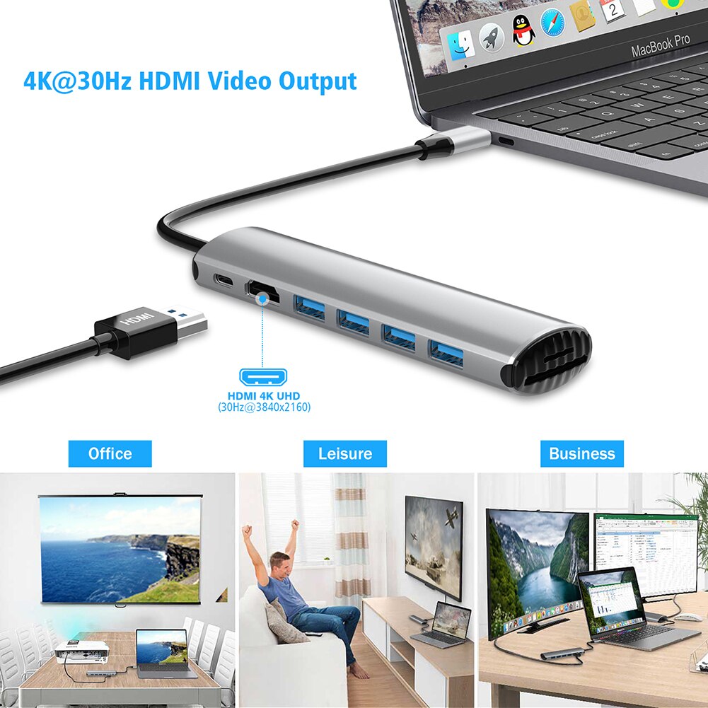 Laptop Docking Station Power Adapter 8 In 1 USB-C Hub Converter 4 5Gbps Usb 3.0 4K Hdmi-compatibel Pd Sd Tf Kaartlezer