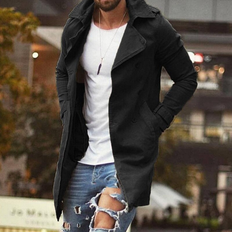Trench kaki mâle classique automne hiver longue Trench manteau hommes décontracté ample Long manteau veste hommes pardessus Streetwear: black / XXL