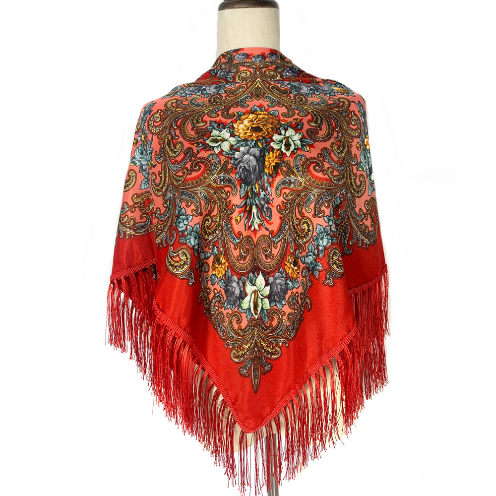 Bufanda rusa de 115x115cm para mujer, Bandana cuadrada con estampado Floral de lujo, chal con flecos ucranianos, pañuelo Babushka, envolturas para la cabeza: Rojo