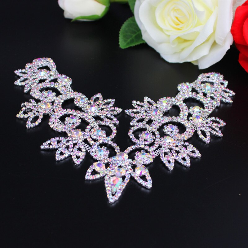 Luxury Handmade Neckline AB Rhinestone Applique Fancy Clothes Flower Applique for Wedding Dress Headband Garter Garment Jewelry