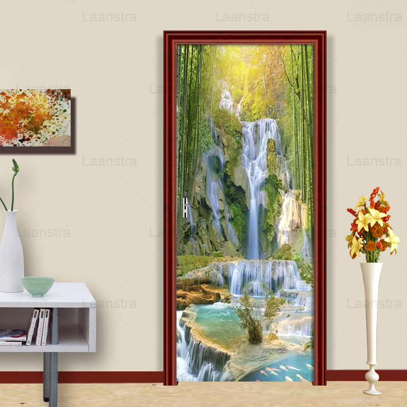 3D PVC Door Sticker Mural – Waterfall Forest Koi With Eiffel Tower – Removable Wall Art