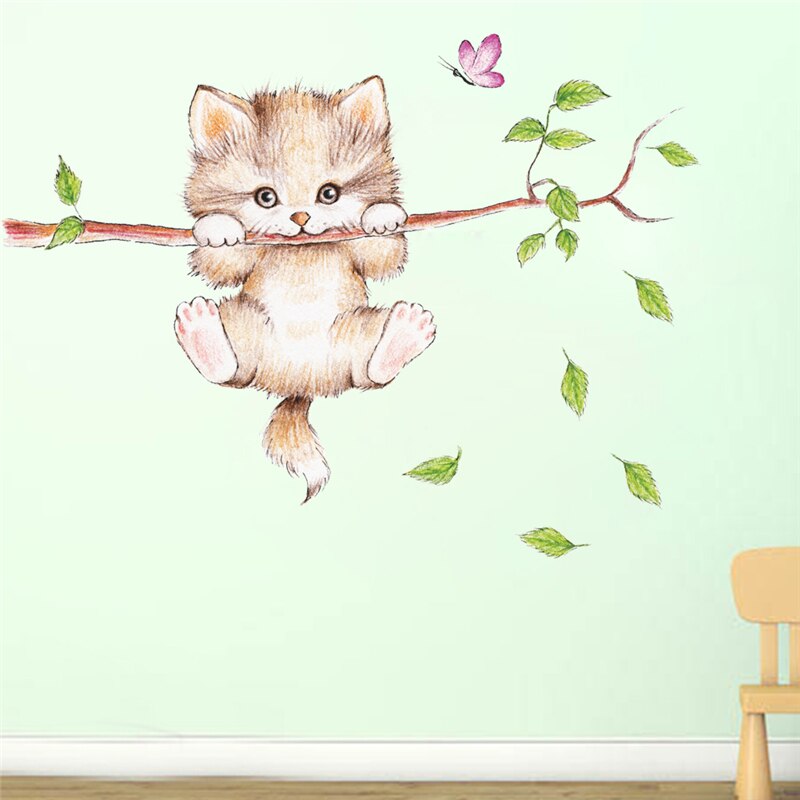 Muurstickers Voor Kinderen Kamers Huisdecoratie Leuke Kat Vlinder Boomtak Cartoon Dier Muurstickers Diy Posters Muurschilderingen