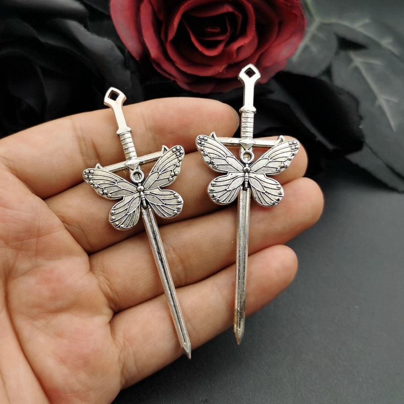 5 uds 78*28mm aleación nueva encanto mariposa espada encantos colgante encantos para fabricación de joyería DIY hallazgos de joyería: Bañado en rodio de imitación
