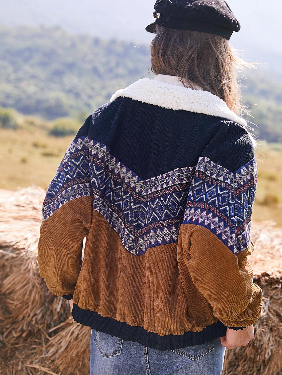 ZAFUL chaqueta de pana para mujer abrigos de invierno grueso cálido prendas de vestir doble pecho Tribal estampado Faux Shearling Panel chaqueta 5 colores