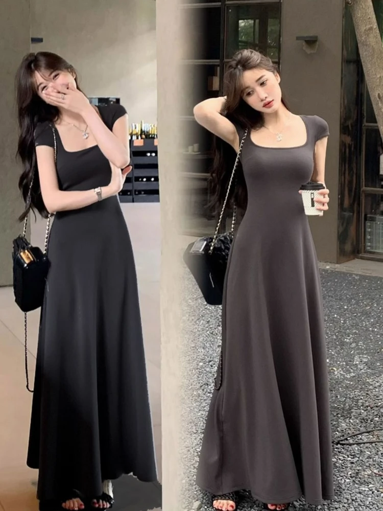 PTKPCC zomer taille-getailleerde elegante Franse stijl dames grijze tankjurk met korte mouwen lange jurk sexy jurk
