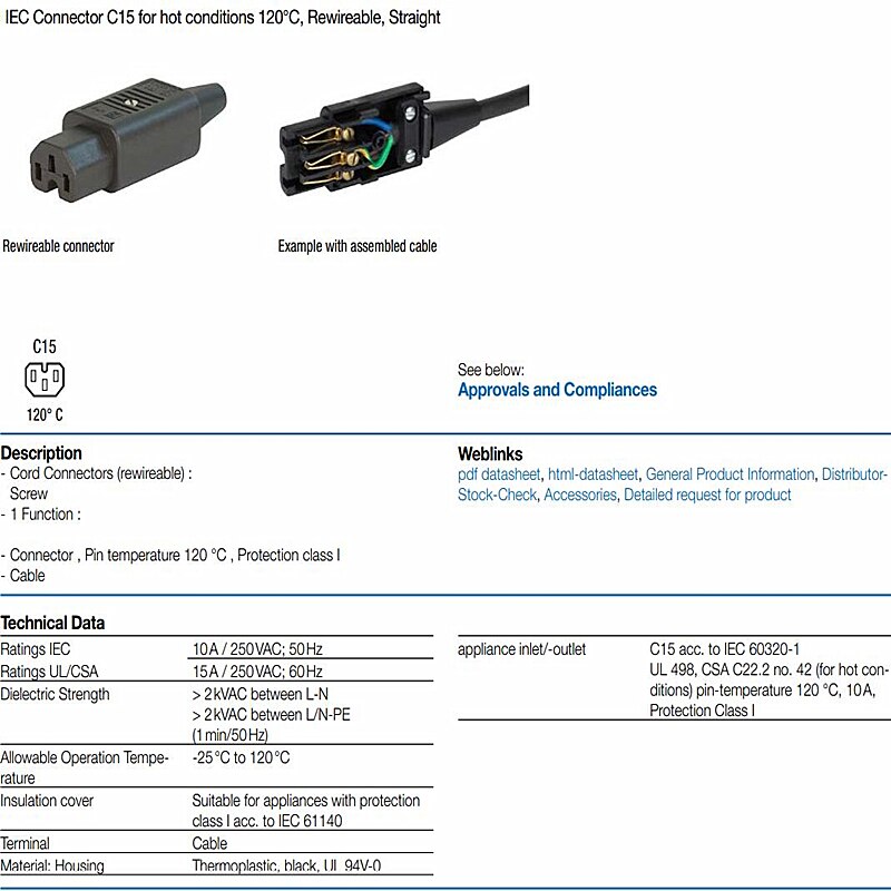1 piece IEC Connector C15 10A Schurter for mains power cables tail