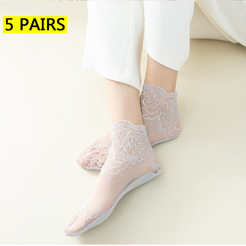 calcetines mujer calcetines tobilleros mujer calcetines invisibles mujer verano Lolita-Calcetines invisibles de encaje para mujer, medias finas, transparentes, antideslizantes y poco profundas, lote de 5 pares: Azul cielo