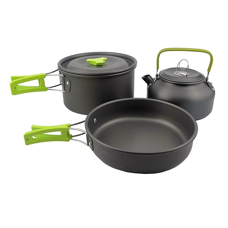 Falten Aluminium draussen Camping Kochgeschirr einstellen Tragbare Cookset Leichte Picknick Wasser Wasserkocher Topf Pfanne Schüssel Löffel Bausatz Mit Gittergewebe