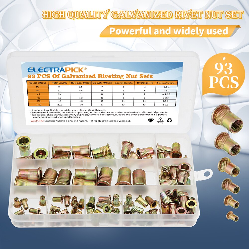 175pcs Zinc Plated Rivetnuts Blind Set Nutserts Threaded Insert Nutsert Cap Flat Head Rivet Nuts Carbon Steel M3 M4 M5 M6 M8 M10: 93pcs M3-M10