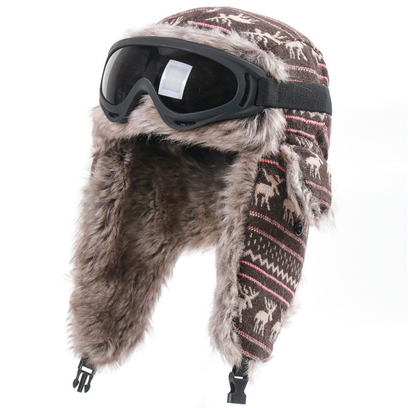 Gorra de esquí a prueba de viento para hombre y mujer, casco de vuelo con orejeras gruesas, ciervo de Navidad, más gorro cálido de terciopelo con gafas, Invierno: coffee(Goggles)