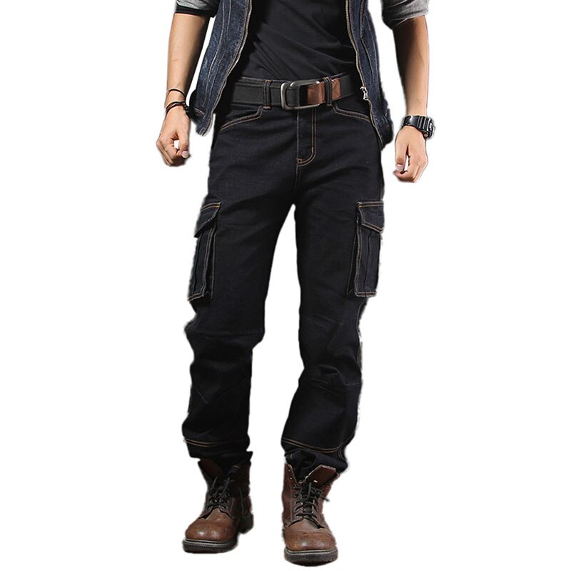 ABOORUN Plus Size 40 Men's Casual Cargo Denim Pants Multi Pockets Cargo Jeans Loose Skateboard Jeans for Male R1258