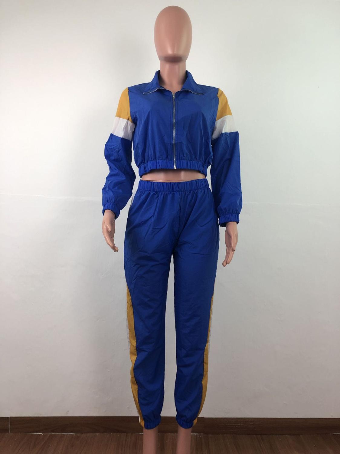 Kvinder farverige patchwork lynlås jakker blyant bukser jakkesæt sporty todelt træningsdragt outfit casual 3 farver s -3xl ld8274