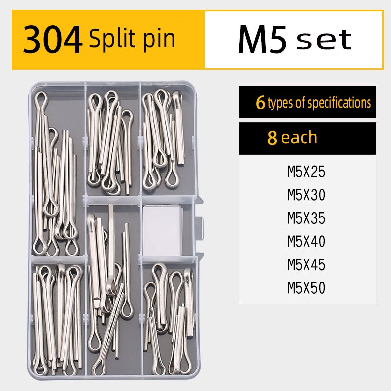 Pin key set DIY boxed 304 stainless steel cylindrical pin elastic pin split pin multi-specification combination set: Split(pin(M5Set