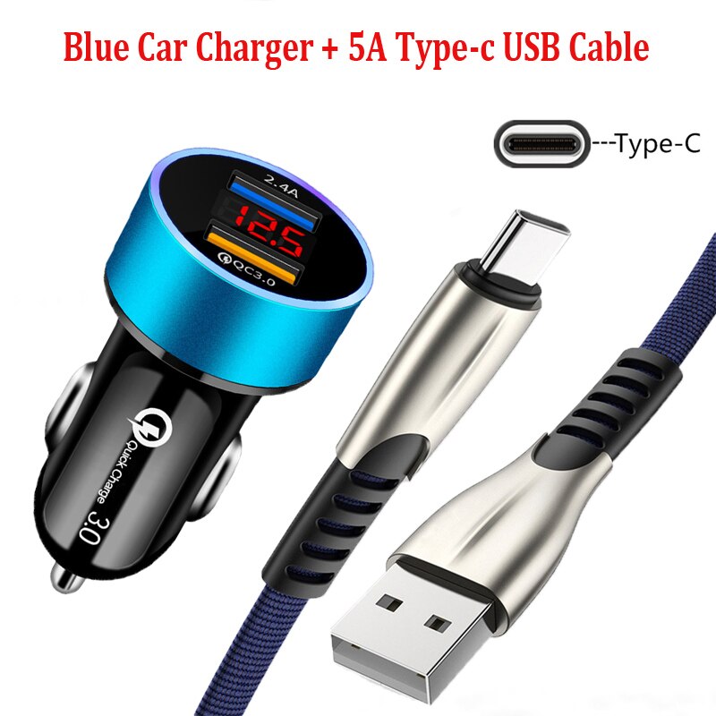 Cargador de teléfono para coche, cable de datos USB tipo c de carga rápida 5A, QC 3,0, LED, para OPPO A52, A72, A92, Reno 2, 2Z, 3, 4 Pro, VIVO Y17: A Set of Blue