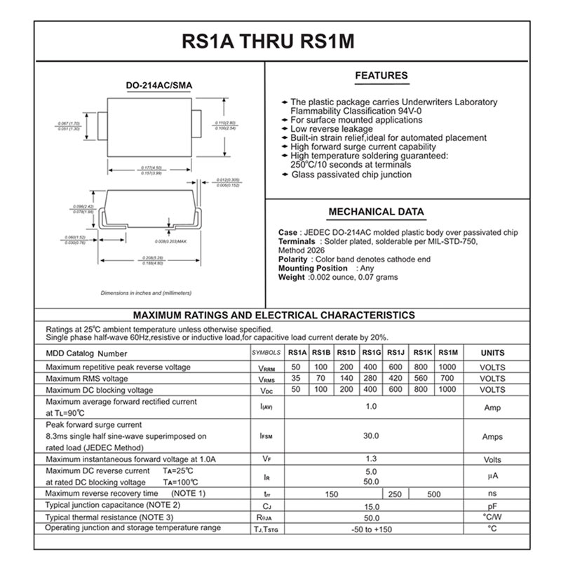 50Pcs SMD Recovery Rectifier Diode RS1K RS1J RS1B RS1M RS1G RS2M RS1D RS1A 1A 50V 100V 200V 400V 600V 800V 1000V SMA DO-214AC