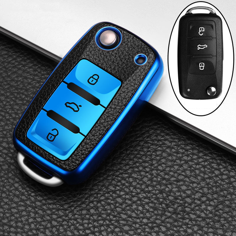 Tpu Lederen Auto Sleutel Cover Case Voor Volkswagen Vw Bora Polo Tiguan Jetta Passat B5 B6 B7 Golf Beetle voor Skoda Octavia: Blauw