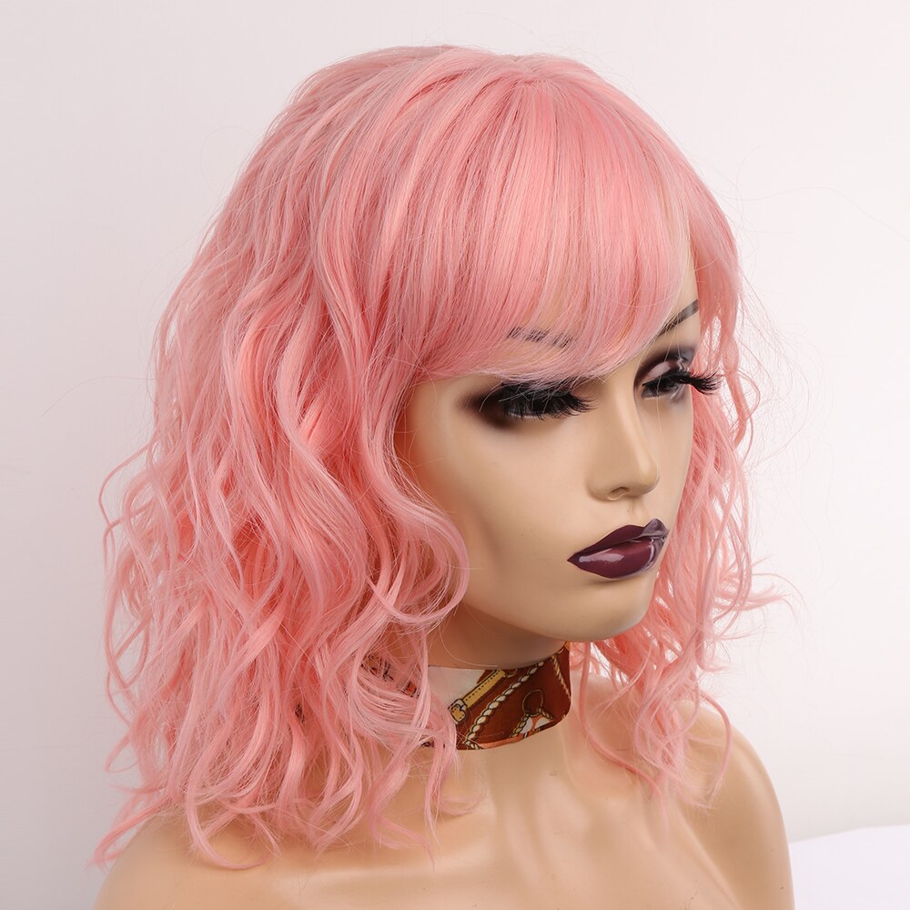 Amir syntetisk blonde krøllete parykker med smell black wave bob parykk for kvinner skulderlangt hår parykker cosplay: Rosa