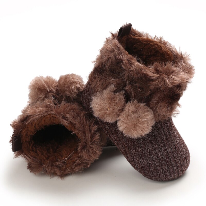 Toddler Baby Warm Winter First Walker Knitting Pompom Boots Solid Prewalker Anti-Slip Cotton Boots Children Crawling Shoes: Auburn / 13