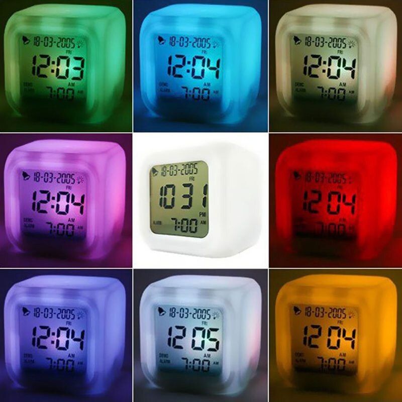 Multi-function Cartoon Child Snooze 7 Color Glowing Change Digital Alarm Clock LED Watch Glowing Alarm Thermometer Clock Cube
