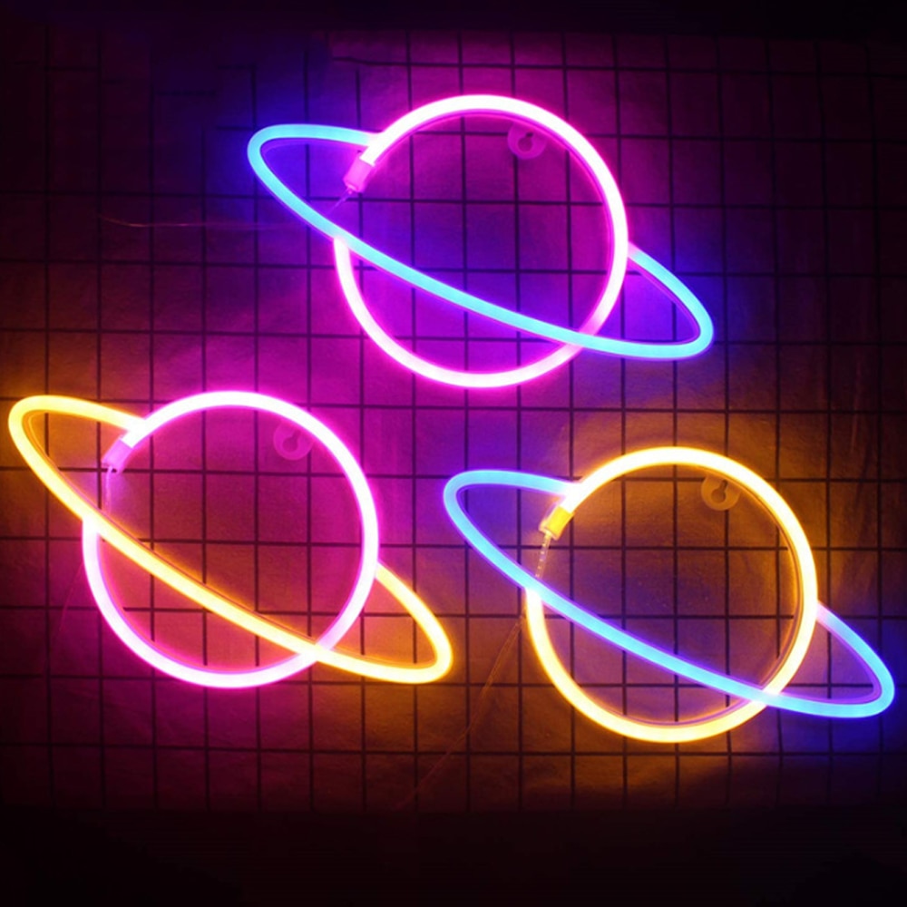 Led neonlampe farverig elliptisk planetformet vægskilt neonlys usb hængelampe til soveværelse hjem festindretning