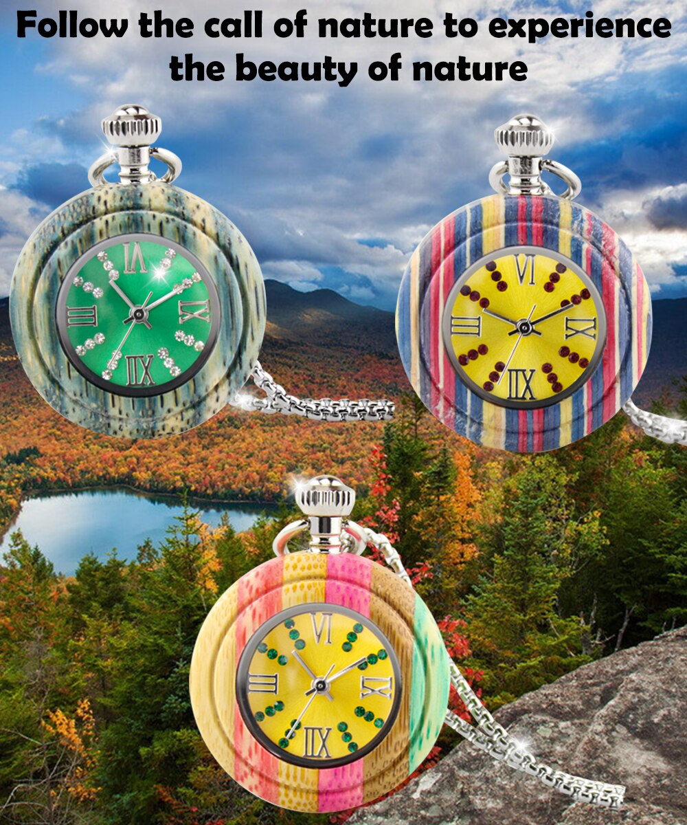 Novel Colorful Bamboo Wood Quartz Pocket Watch Arabic Numerals Round Dial Wooden Pendant Pocket Clock Men Women with Chain
