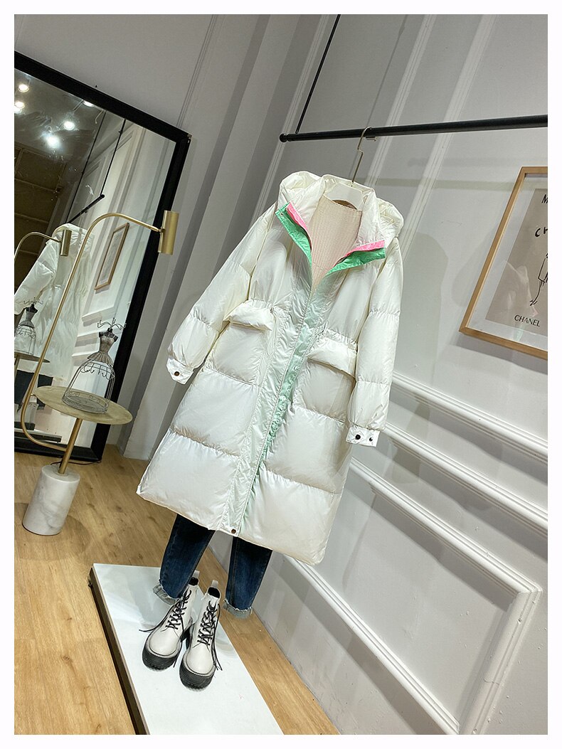 Chaqueta de plumas con capucha para Mujer, Abrigo largo de plumas por encima de la rodilla, Color caramelo Delgado, novedad de invierno: Blanco