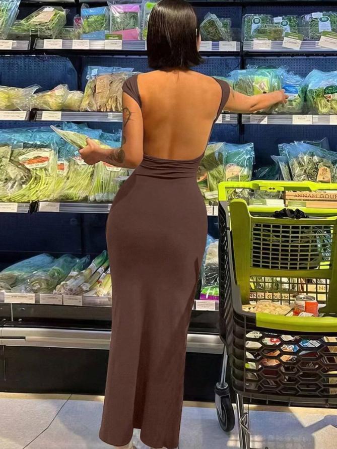 Koreaanse Solide Sexy Backless Maxi Jurk Vrouwen Elegante Elastische Slanke Korte Mouw Lange Jurken Vrouwelijke Bodycon Streetwear Kleding: L / Beige