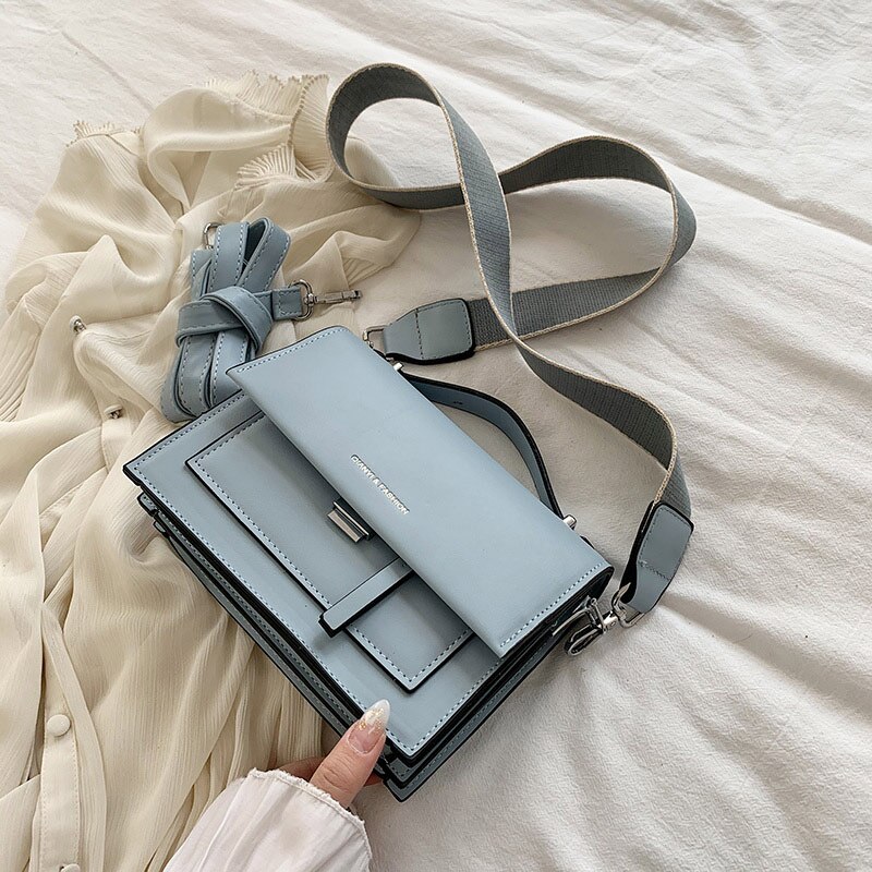 Women's Pu Leather Shoulder Bags With Wide Strap Casual Flap Handbag And Purse Cross Body: blue