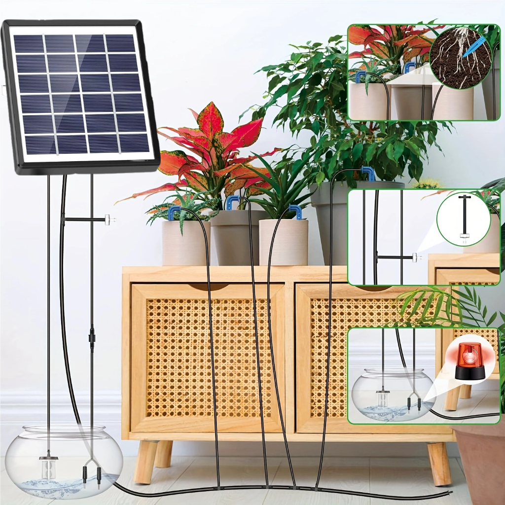 Solcellsdrivet automatiskt droppbevattningskit, växtbevattningssystem, inomhus- och utomhusträdgård, lämplig för växthus, gräsmatta, park