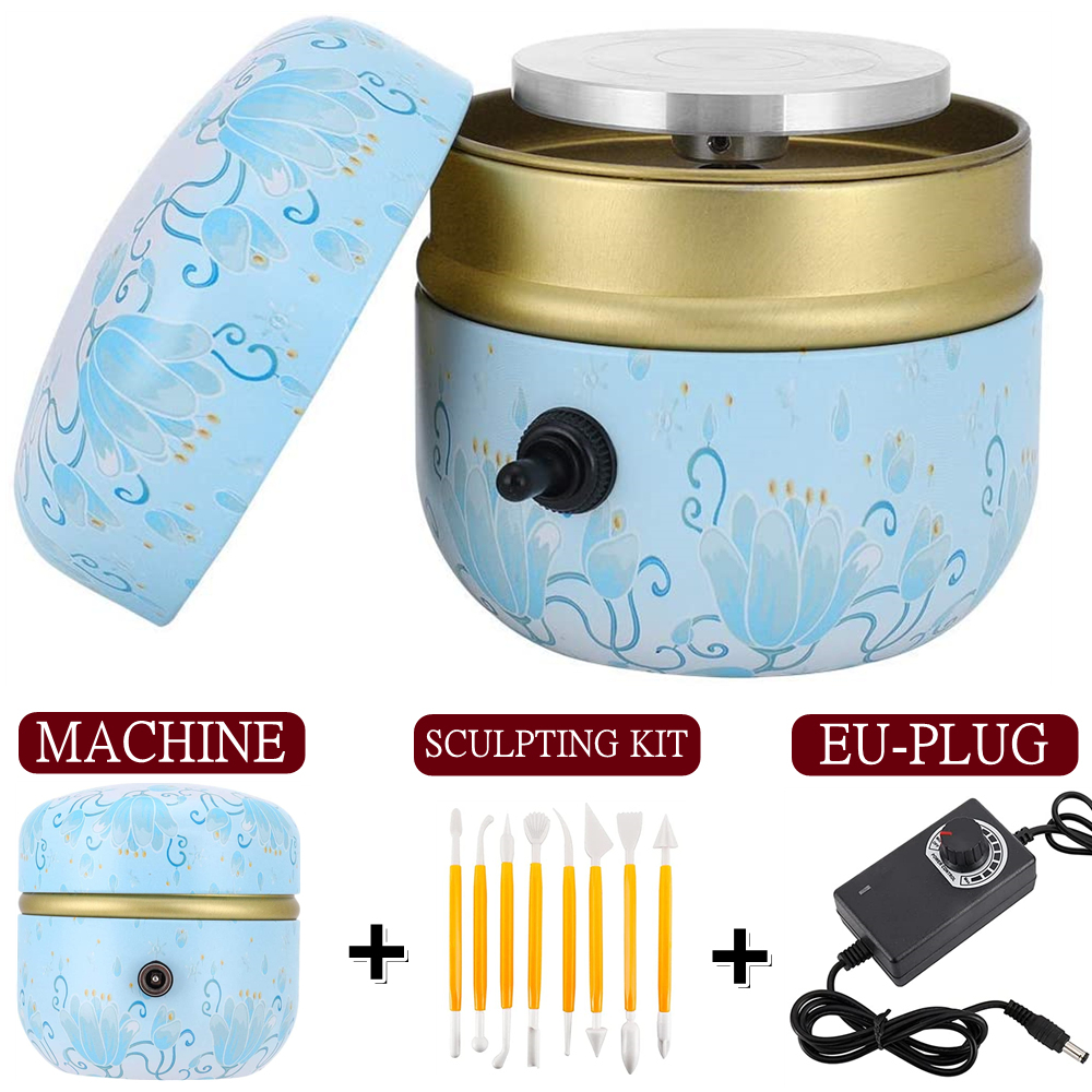 Mini Electric Pottery Wheel with Tray+Sculpting Kit, Pottery Forming Machine for Ceramic Clay Tools Art Crafts Pottery Turntable: Sky Blue EU-PLUG