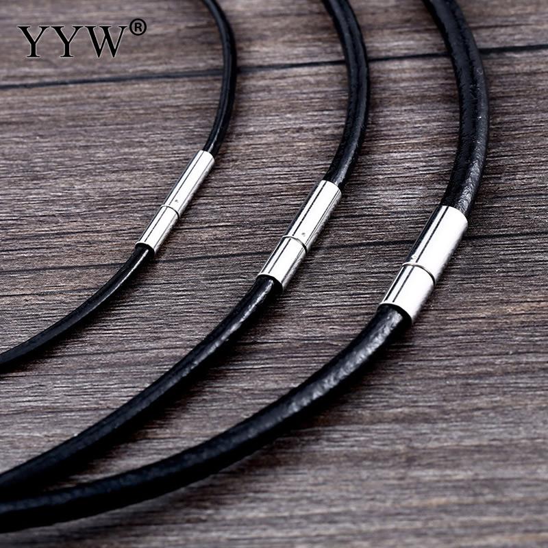 Cowhide Leather Necklace Cord Stainless Steel Bayonet Clasp Charm Different Dia and Length Black Sold By Strand