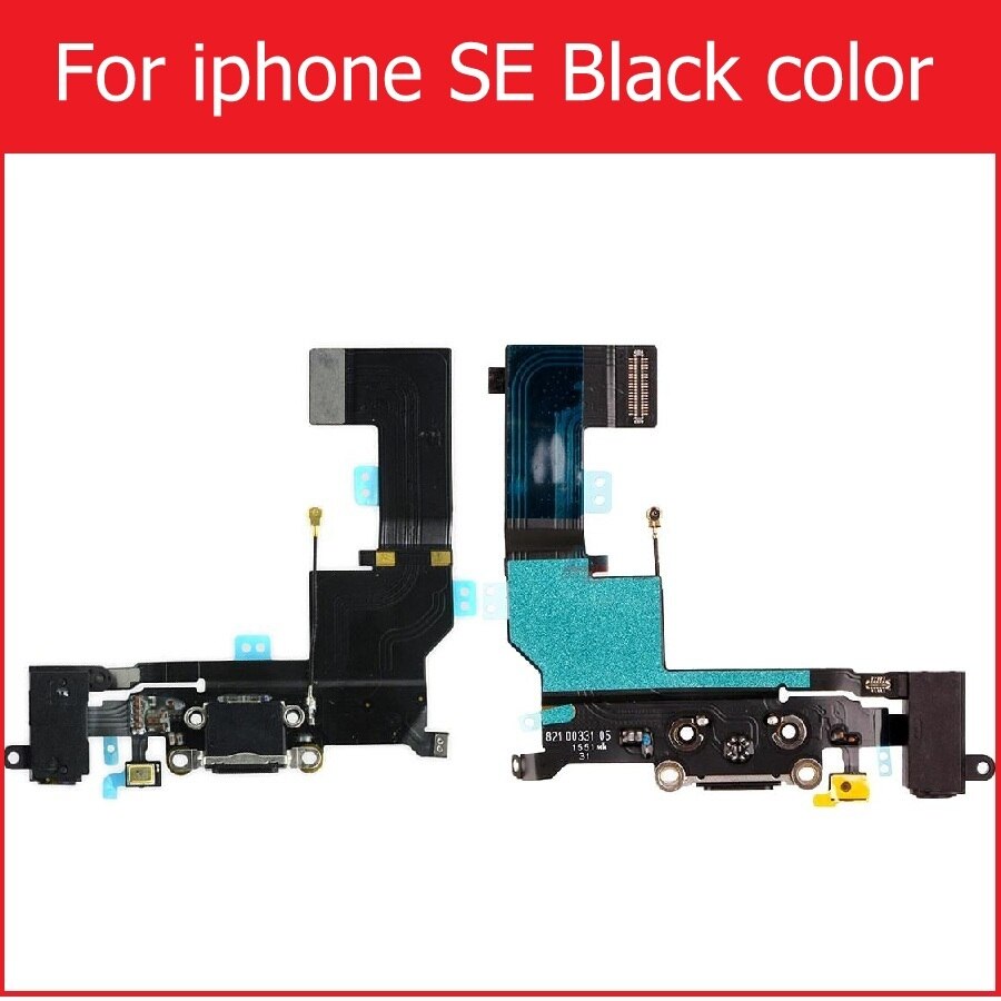 Usb dock oplader flex kabel til iphone 4 4s 5 5s 5c se opladning hovedtelefon audio jack port stik med mikrofon flex kabel bånd: For se sort