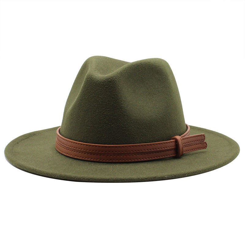 Chapeau fedora d'hiver en laine pour femme, casquette en feutre à large bord, chapeau trilby pour homme, panama, fête formelle, haut-de-forme, 19 couleurs: Vert armée
