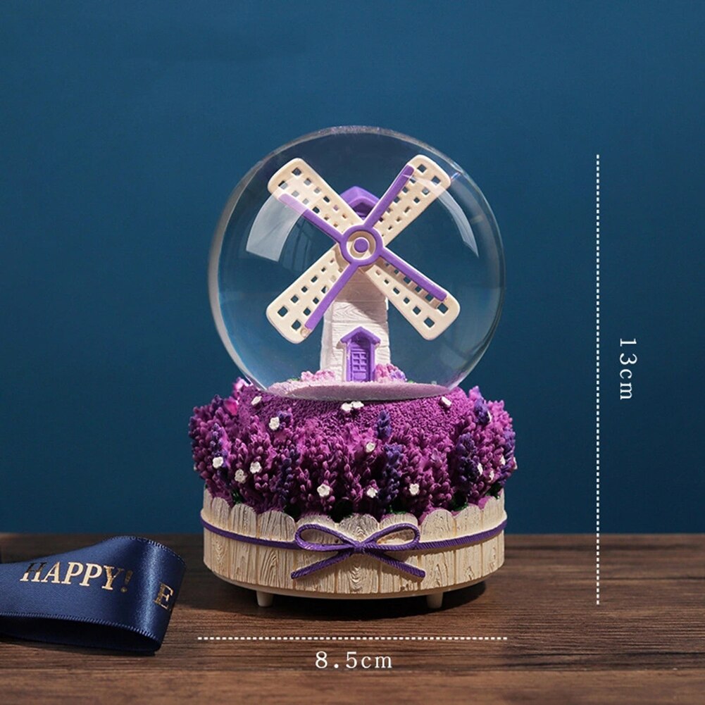 Nieve cayendo nieve caja de música de molino de viento caja de música con forma de bola de cristal con púrpura lavanda Base de escritorio decoración