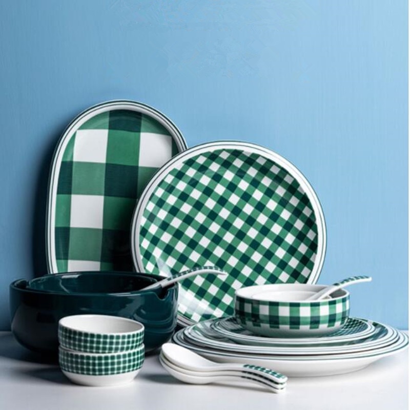 Green plaid series Plate Set Ceramic Kitchen Plate Tableware Set Food Dishes Rice Salad Noodles Bowl Soup Kitchen Cook Tool 1pc